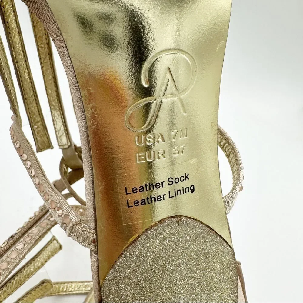 Adrianna Papell Eddy Gold Classic Satin Formal Crystal Studded Stiletto Sandal 7